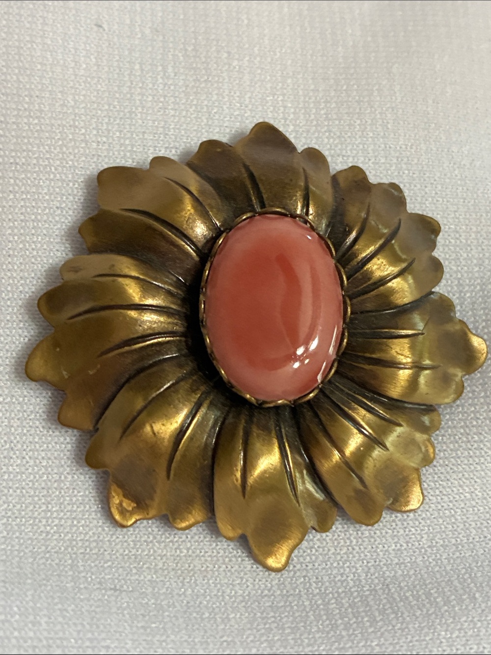 Vintage Jeri Lou Brass Flower Brooch with Coral Pink Cabochon